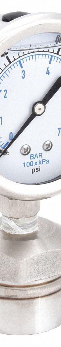 KODIAK Pressure Gauge with Diaphragm Seal: 0 psi to 100 psi, KC301/DSM35, 2 1/2 in Dial, Mineral Oil (MPN KC301L25100/DSM3511). Key specifications — Brand: KODIAK; Gauge Case Liquid: Glycerin; Seal Fill Liquid: Mineral Oil; Gauge Case Material: 304 Stainless Steel; Seal Lower Housing Material: 316 Stainless Steel; Accuracy: ±1.60%; Gauge Wetted Parts: Stainless Steel.