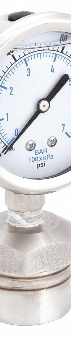 KODIAK Pressure Gauge with Diaphragm Seal: 0 psi to 100 psi, KC301/DSM35, 2 1/2 in Dial, Mineral Oil (MPN KC301L25100/DSM3511). Key specifications — Brand: KODIAK; Gauge Case Liquid: Glycerin; Seal Fill Liquid: Mineral Oil; Gauge Case Material: 304 Stainless Steel; Seal Lower Housing Material: 316 Stainless Steel; Accuracy: ±1.60%; Gauge Wetted Parts: Stainless Steel.
