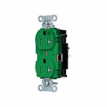 HUBBELL Receptacle: Hospital Grade, Duplex, 5-20R, Green, 125V AC, 20 A - General Purpose Receptacles