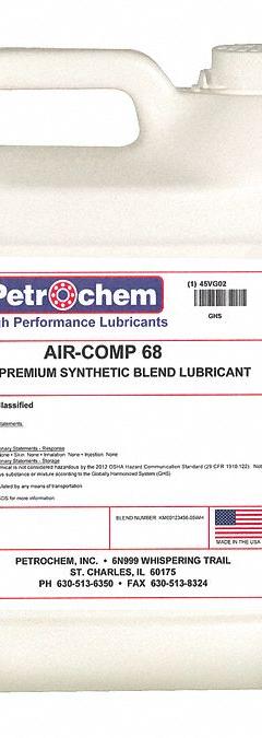 PETROCHEM Compressor Oil: 1 gal, Jug, 20 SAE Grade, 68 ISO Viscosity Grade, 99 Viscosity Index (MPN AIR-COMP 68-001). Key specifications — attr59744: 99; attr59746: 68; attr59736: No; attr59735: Jug; attr59738: Air-Comp Series; attr59749: 20.