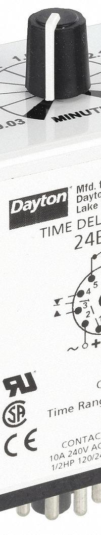 DAYTON Single Function Time Delay Relay: Socket Mounted, 12V DC, 10 A, 11 Pins/Terminals, Off Delay (MPN 24EN82). Key specifications — Brand: DAYTON.