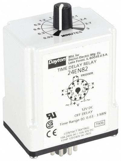 Dayton Single Function Time Delay Relay: Socket Mounted, 12V DC, 10 A, 11 Pins/Terminals - Socket-Mounted Relays