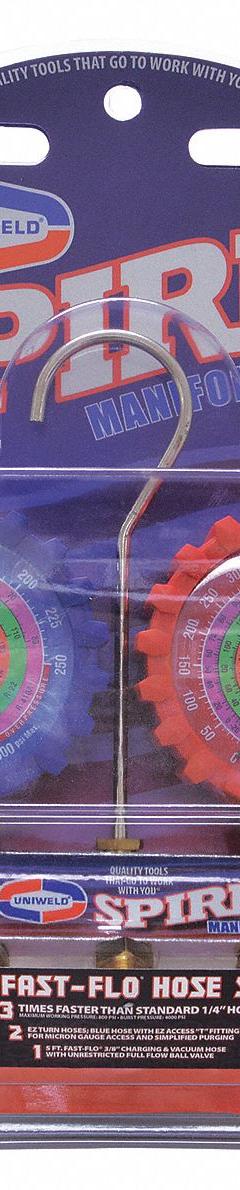 UNIWELD Manifold Gauge Set: 2 Valves, 3 Hoses, Series QS4L, 3 1/8 in Gauge (MPN USFM5EZ). Key specifications — Product Type: Manifold Gauge Set; For Refrigerant Type: R-134A; Brand: UNIWELD; Includes: EZ Access T-Fitting; Gauge Boots: Yes; Sight Glass: No.