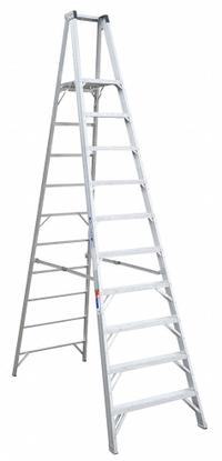 WERNER Platform Stepladder: 10 ft Ladder Size, Aluminum, 300 lb Load Capacity, 55 lb Wt (MPN P410). Key specifications — Brand: WERNER; Included Features: Guard Rail.