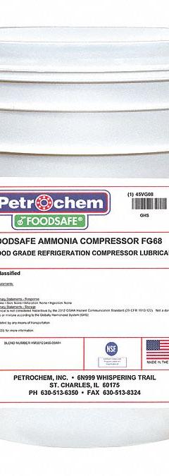 PETROCHEM Compressor Oil: 5 gal, Pail, 20 SAE Grade, 68 ISO Viscosity Grade, 198 Viscosity Index (MPN FS AMMONIA COMPRESSOR FG-68-005). Key specifications — attr59744: 198; attr59746: 68; attr59736: Yes; attr59735: Pail; attr59738: Ammonia Compressor FG-68; attr59749: 20.