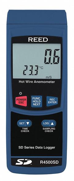 REED INSTRUMENTS Anemometer: 1 fpm Air Velocity Resolution, Hot Wire, Air Velocity/Temp, R4500SD. Key specifications — Data Logging: Yes; Manufacturer Part Number: R4500SD; Brand: REED INSTRUMENTS; Temperature Accuracy: +/ 1.5°; Digital Display Screen Type: LCD; Display Type: Digital; Includes: Telescopic Hot Wire Probe; Power Source: Battery.
