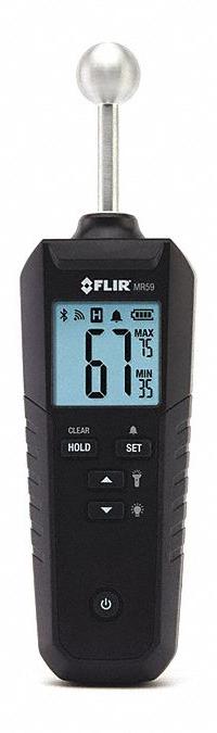 FLIR Moisture Meter: Digital, LCD with Backlight, Pinless, MR59 Meter/Pouch, Ball Pinless. Key specifications — Display Type: Digital; Probes Included: Ball Pinless; Features: Bluetooth Compatible; Digital Display Screen Type: LCD with Backlight; Brand: FLIR.