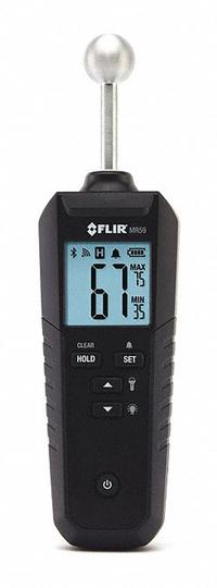 FLIR Moisture Meter: Digital, LCD with Backlight, Pinless, MR59 Meter/Pouch, Ball Pinless. Key specifications — Display Type: Digital; Probes Included: Ball Pinless; Features: Bluetooth Compatible; Digital Display Screen Type: LCD with Backlight; Brand: FLIR.