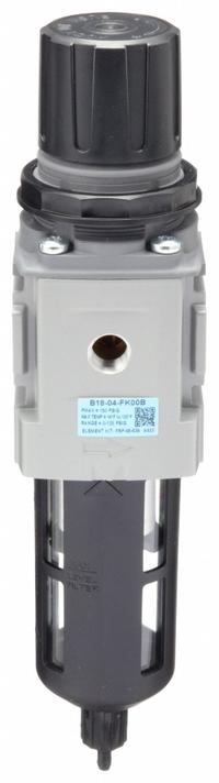 WILKERSON Filter-Regulator: B18 Series, 1/2 in NPT, 164 cfm, 5 micron, 0 psi to 125 psi, Aluminum (MPN B18-04-FK00B). Key specifications — attr109419: WILKERSON; attr109429: Aluminum; attr109463: No; attr109467: Nitrile; attr109468: B18.