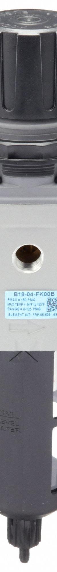 WILKERSON Filter-Regulator: B18 Series, 1/2 in NPT, 164 cfm, 5 micron, 0 psi to 125 psi, Aluminum (MPN B18-04-FK00B). Key specifications — attr109419: WILKERSON; attr109429: Aluminum; attr109463: No; attr109467: Nitrile; attr109468: B18.