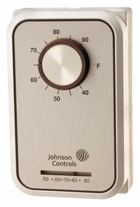 JOHNSON CONTROLS Line Volt Mechanical Tstat: Heat Only, On, 40° to 75°F, Exposed Dial, 24 to 277V AC (MPN T26A-14C). Key specifications — Application: Heat Only; System Settings: On; Switch Type/Action: SPST, Open on Rise; Temperature Control Range: 40° to 75°F; Stages: 1H; Voltage: 24 to 277V AC; Brand: JOHNSON CONTROLS; Control Type: Exposed Dial.
