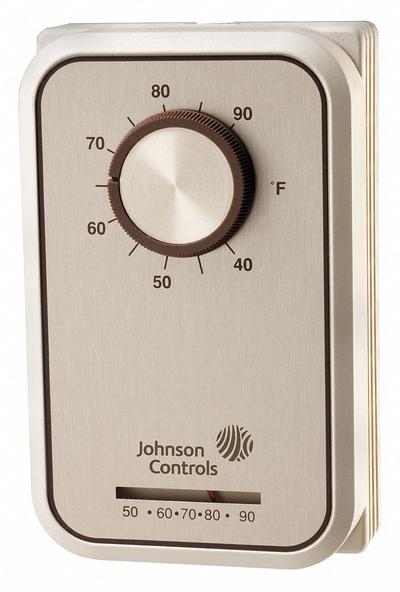 JOHNSON CONTROLS Line Volt Mechanical Tstat: Heat Only, On, 40° to 75°F, Exposed Dial - Analog Thermostats