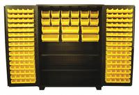 JAMCO Bin Cabinet: 60 in x 24 in 78 in, 2 Shelves, 178 Bins, Yellow, Flush, 14 ga Panel, Black (MPN DX260BL). Key specifications — Bin Color: Yellow; Bin HxWxD: (6) 7 in x 16-1/2 in x 14-3/4 in; Assembled: Assembled; Cabinet Style: Shelf and Bin; Brand: JAMCO; Cabinet Color: Black; Cabinet Finish: Powder Coated; Cabinet Material: Steel.
