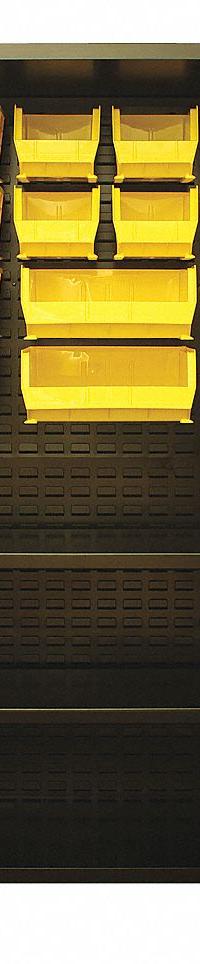 JAMCO Bin Cabinet: 60 in x 24 in 78 in, 2 Shelves, 178 Bins, Yellow, Flush, 14 ga Panel, Black (MPN DX260BL). Key specifications — Bin Color: Yellow; Bin HxWxD: (6) 7 in x 16-1/2 in x 14-3/4 in; Assembled: Assembled; Cabinet Style: Shelf and Bin; Brand: JAMCO; Cabinet Color: Black; Cabinet Finish: Powder Coated; Cabinet Material: Steel.
