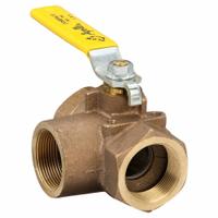 APOLLO Manual Three-Way Ball Valve: 1 1/2 in, Bronze, L Flow, FNPT x FNPT x FNPT, Std Port Ball Port (MPN 7060701). Key specifications — Brand: APOLLO; Handle: Lever.