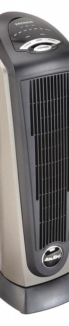 AIR KING Portable Electric Heater: 900W/1500W, 3070/5118 BtuH Heating Capacity, 2 Heat Settings (MPN 8132). Key specifications — Wattage Output: 900W/1500W; Number of Heat Settings: 2; Housing Color: Gray; Overall Dimensions - H x W x D: 23 in x 7-1/4 in x 8-1/2 in; Heating Capacity: 3070/5118 BtuH; Safety Tip-Over Switch Included: No; Brand: AIR KING.