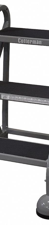 COTTERMAN Step Stool: 2.3 ft Overall Ht, 450 lb Load Cap, 3 Steps, Steel, 2.3 ft Standing Ht (MPN ST-320 A2 C1 P5). Key specifications — attr1051722: Rolling Step Stool; attr1055542: Not Stackable; attr1051712: Replacement Foot Pads; attr1051697: COTTERMAN; attr1051699: (4) Swivel; attr1051702: Gray; attr1051707: Rubber; attr1051708: Slip-Resistant.