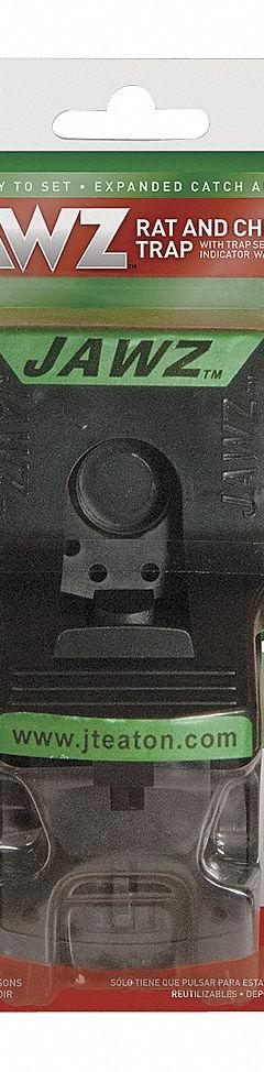 JAWZ Rat Trap: Snap Trap, 8 1/2 in Overall Ht, 5 7/8 in Overall Wd, Plastic, Reusable (MPN 410). Key specifications — Reusable: Yes; Material: Plastic; Brand: JAWZ.