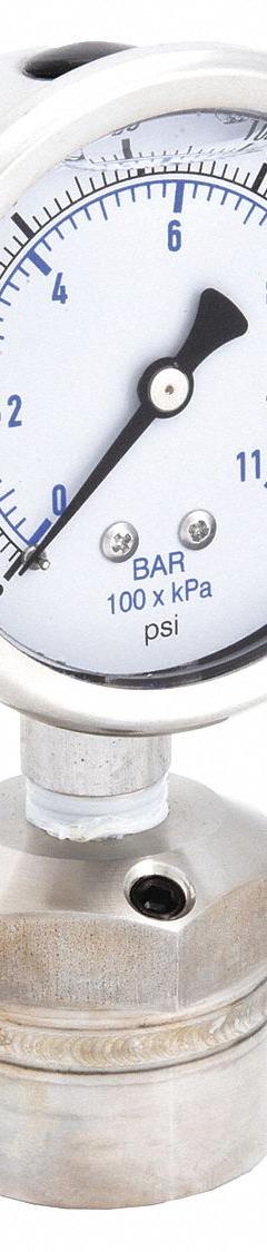KODIAK Pressure Gauge with Diaphragm Seal: 0 psi to 160 psi, KC301/DSM35, 2 1/2 in Dial, Mineral Oil (MPN KC301L25160/DSM3512). Key specifications — Brand: KODIAK; Gauge Case Liquid: Glycerin; Seal Fill Liquid: Mineral Oil; Gauge Case Material: 304 Stainless Steel; Seal Lower Housing Material: 316 Stainless Steel; Accuracy: ±1.60%; Gauge Wetted Parts: Stainless Steel.