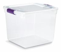 HOMZ Storage Tote: 7.7 gal, 16 1/4 in x 13 in x 12 1/8 in, Clear Body, Clear Lid, Not NSF Certified (MPN 3430GRPRCL.08). Key specifications — attr1188666: Plastic; attr1188671: Rounded; attr1188675: Clear; attr1188676: Clear; attr1188687: HOMZ; attr1188688: Not NSF Certified; attr1188689: Nesting Capable.