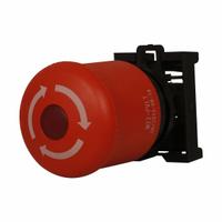 EATON Emergency Stop Push Button: Illuminated, Mushroom Head Profile, Non-Metallic, 22 mm, 1NC (MPN M22-PVLT-K01-230R). Key specifications — Brand: EATON; Action: Maintained; Series: M22; Push Button Material Type: Non-Metallic.