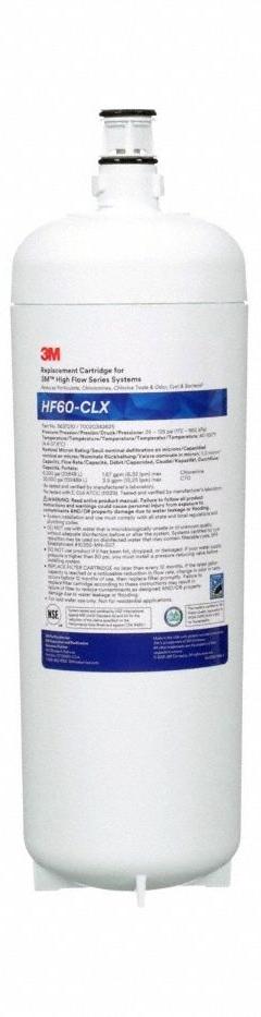 3M HIGH FLOW SERIES Quick-Connect Water Filter: 0.2 micron, 3.5 gpm, 5 in Overall Ht, 35,000 gal (MPN HF60-CLX). Key specifications — Brand: 3M HIGH FLOW SERIES; Reduces: Chlorine Taste; Filter Media: Prefilter Wrap.