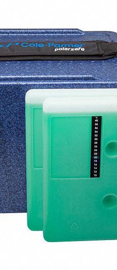 Cryogenic Storage Box: 12 5/8 in Overall Lg, 9 in Overall Wd, 11 1/4 in Overall Ht, 20 L Capacity (MPN 0372645). Key specifications — Material: Polypropylene; Includes: (2) 2 L 22°C Blocks; Product Type: Transport Box; Brand: COLE-PARMER.