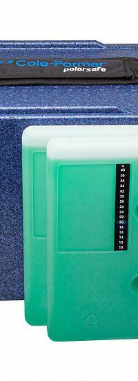 Cryogenic Storage Box: 12 5/8 in Overall Lg, 9 in Overall Wd, 11 1/4 in Overall Ht, 20 L Capacity (MPN 0372645). Key specifications — Material: Polypropylene; Includes: (2) 2 L 22°C Blocks; Product Type: Transport Box; Brand: COLE-PARMER.