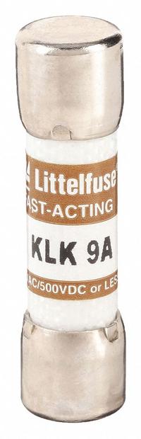 LITTELFUSE Fuse: KLK Series, Midget, Fast-Acting, 9 A, 600 V AC, 500 V DC, 13/32 in x 1 1/2 in (MPN KLK009). Key specifications — attr1287209: KLK; attr211192: LITTELFUSE.