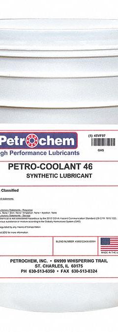 PETROCHEM Compressor Oil: 5 gal, Pail, 10 SAE Grade, 46 ISO Viscosity Grade, 155 Viscosity Index (MPN PETRO-COOLANT 46-005). Key specifications — attr59744: 155; attr59746: 46; attr59736: No; attr59735: Pail; attr59738: Petro-Coolant 46; attr59749: 10.