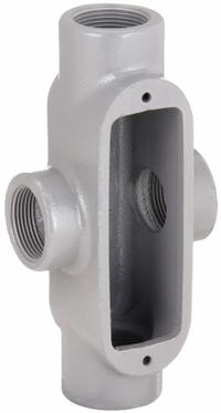 Conduit Outlet Body: Iron, 3/4 in Trade Size, X Body, 8 cu in Body Capacity, Threaded Hub (MPN X28). Key specifications — Finish: Powder Coated; Includes: Set Screw Hubs; For Use With: IMC; Brand: HUBBELL KILLARK; Hub Style: Threaded; Mfr. Series: Duraloy 8.