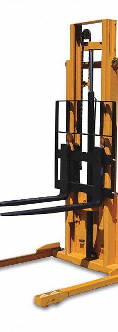 BIG JOE Stacker: 2,200 lb, 116 in Max Lifting Ht, Adj Fork, 42 in L x 4 in W Fork, Sealed Lead Acid (MPN S22-116). Key specifications — Brand: BIG JOE; Lift Mechanism: Hydraulic; Width Across Forks: 29-1/2 in.