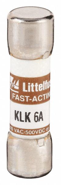 LITTELFUSE Fuse: KLK Series, Midget, Fast-Acting, 6 A, 600 V AC, 500 V DC, 13/32 in x 1 1/2 in (MPN KLK006). Key specifications — attr1287209: KLK; attr211192: LITTELFUSE.