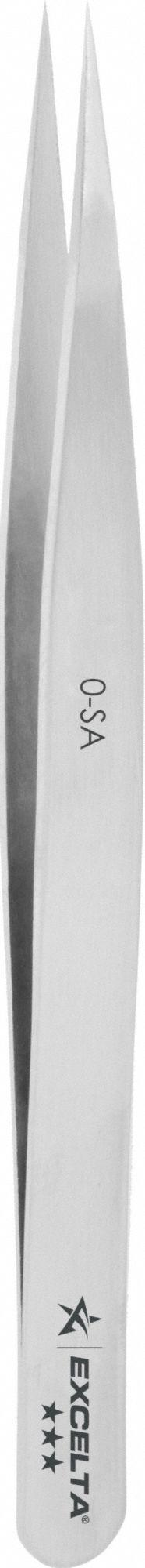 EXCELTA Tweezers: Stainless Steel, Point, Straight Tip, 0.004 in Tip Thick (MPN 0-SA). Key specifications — attr1002355: Stainless Steel; attr1002345: EXCELTA; attr1002348: Stainless Steel; attr1002358: Smooth; attr1002361: 0-SA; attr1024781: Standard.