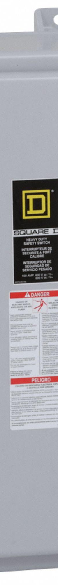 SQUARE D Safety Switch: Fusible, 100 A, Three Phase, 600V AC, Non-Metallic, Indoor/Outdoor (MPN H363DF). Key specifications — Brand: SQUARE D.