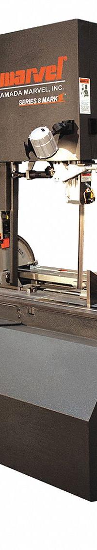 MARVEL Band Saw: 18 in Throat Dp - Vertical, 50 to 450 SFPM, 60° Left to 60° Right, 11.6 A, 3 Phase (MPN 8-MARK III PWR TILT). Key specifications — attr325086: MARVEL; attr313109: 60° Left to 60° Right; attr313108: 50 to 450 SFPM; attr313111: 3; attr313110: 11.6 A.