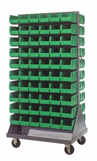 QUANTUM STORAGE SYSTEMS Mobile Louvered Floor Rack: 36 in x 24 in x 72 in, 120 Bins Included, Green (MPN QMD-36H-230GN). Key specifications — Bin Width: 5-1/2 in; Color: Gray; Caster Wheel/Configuration: (2) Swivel; Caster Wheel/Tread Material: Hard Rubber; Bin Color: Green; Bin Depth: 10-7/8 in; Bin Height: 5 in; Brand: QUANTUM STORAGE SYSTEMS.