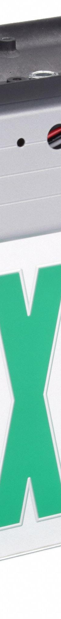 Edge-lit Exit Sign: 2 Faces, Green, Aluminum, Universal Field Selectable Chevrons, LED, Silver (MPN EDG 2 G M6). Key specifications — Housing Color: Silver; Brand: LITHONIA LIGHTING; Lighting Technology: LED; Self Diagnostics: No; Housing Material: Aluminum; Text Color: Green.