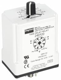 DAYTON Single Function Time Delay Relay: Socket Mounted, 240V AC, 10 A, 8 Pins/Terminals, On Delay (MPN 24EP20). Key specifications — Brand: DAYTON.