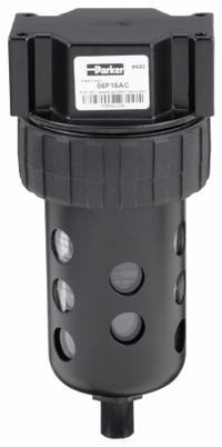 PARKER Compressed Air Filter: Particulate, 1/4 in NPT, 40 micron, 53 cfm, 150 psi Max Op Pressure (MPN 06F16AC). Key specifications — attr110055: 06F; attr110008: PARKER.