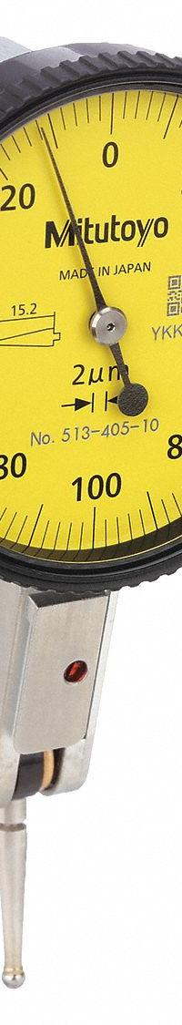 MITUTOYO Horizontal Dial Test Indicator: 0 mm to 0.2 mm, Horizontal, Metric, 4µm (MPN 513-405-10T). Key specifications — attr1184166: Clamp Ring; attr1200917: Horizontal Dial Test Indicator; attr1184127: 513-405-10T; attr1184167: MITUTOYO; attr1184108: 4µm; attr1184144: Inspection Certificate.