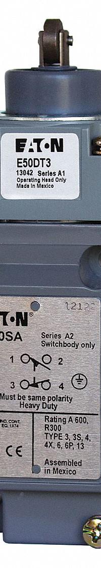 EATON Push Roller Plunger Limit Switch: Roller Plunger, Metallic, Momentary/Momentary, E50 (MPN E50AT36P). Key specifications — attr1019632: EATON; attr1019639: 8 ft Cable; attr1019655: Nylon; attr1023447: E50.