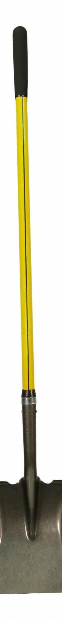 NUPLA Square Point Shovel: Steel Blade, 14 ga, Straight Handle Type, Fiberglass Handle (MPN 75.69-249). Key specifications — Blade Color: Black; Handle Color: Yellow; Blade Material: Steel.