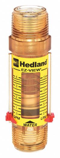 HEDLAND Mechanical Flowmeter: Flow Meter, Scale, Variable Area, Inline, Universal, Gallons/Liters (MPN H621-604-R). Key specifications — Display Type: Scale; O-Ring Material: Buna-N; Includes Flow Rate Adjustment Knob: No; Includes Pressure Guage: No; Mounting Orientation: Universal; Unit Of Measure: Gallons; Brand: HEDLAND; Accuracy: +/-5%.