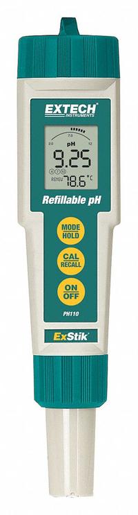EXTECH pH Meter: pH/Temp, Meter, Batteries/Neck Strap/Protective Sensor Cap/Sample Cup with Cap (MPN PH110). Key specifications — pH Accuracy: ±0.01 pH; Temp Compensation: Automatic; Measurement Components Included: Meter; Reagents and Solutions Included: Reagents Sold Separately; Test Parameters: Temperature; Other Accessories Included: Sample Cup with Cap; Manufacturer Part Number: PH110.