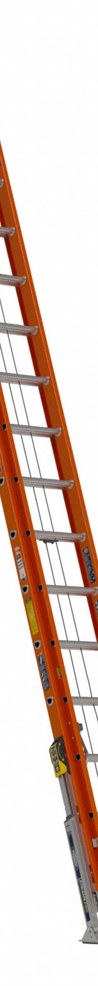 WERNER Extension Ladder: 32 ft Ladder Size, Fiberglass, 300 lb Load Capacity, 96 lb Wt, 2 Sections (MPN D6232-2VL). Key specifications — Color: Orange; Brand: WERNER; Included Features: Bubble Level; Removable Fly: Removable.