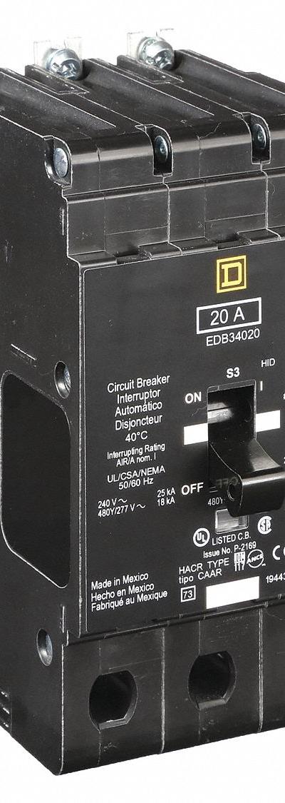 SQUARE D Miniature Circuit Breaker: 20 A, 277/480V AC, Three Phase, 18kA at 277/480V AC - EDB & EGB Series, Bolt-On Square D Miniature Circuit Breakers