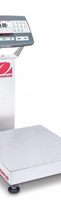 OHAUS Industrial Bench Scale: 12 in x 14 in, Not IP Rated, Column-Mounted, Defender 5000 (MPN 30461634). Key specifications — Connection Ports: Wi-Fi®; Readability: 0.002 lb/1 g; Brand: OHAUS; Weighing Surface Material: Stainless Steel.
