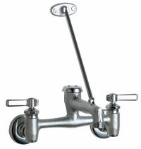 CHICAGO FAUCETS Straight Service Sink Faucet: Wall, Widespread, Cast Brass, Polished Chrome, Arc (MPN 897-MPRCF). Key specifications — Color/Finish: Polished Chrome; Includes: Pail Hook.