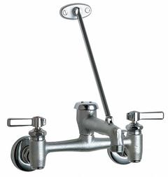 CHICAGO FAUCETS Straight Service Sink Faucet: Wall, Widespread, Cast Brass, Polished Chrome, Arc (MPN 897-MPRCF). Key specifications — Color/Finish: Polished Chrome; Includes: Pail Hook.